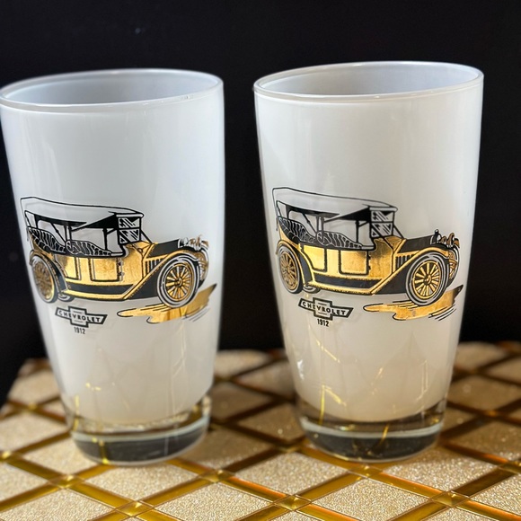 2 EUV Gay Fad Frosted Highball Glasses w/1912 Chevy Image In Black & 22k Gold - Picture 2 of 10